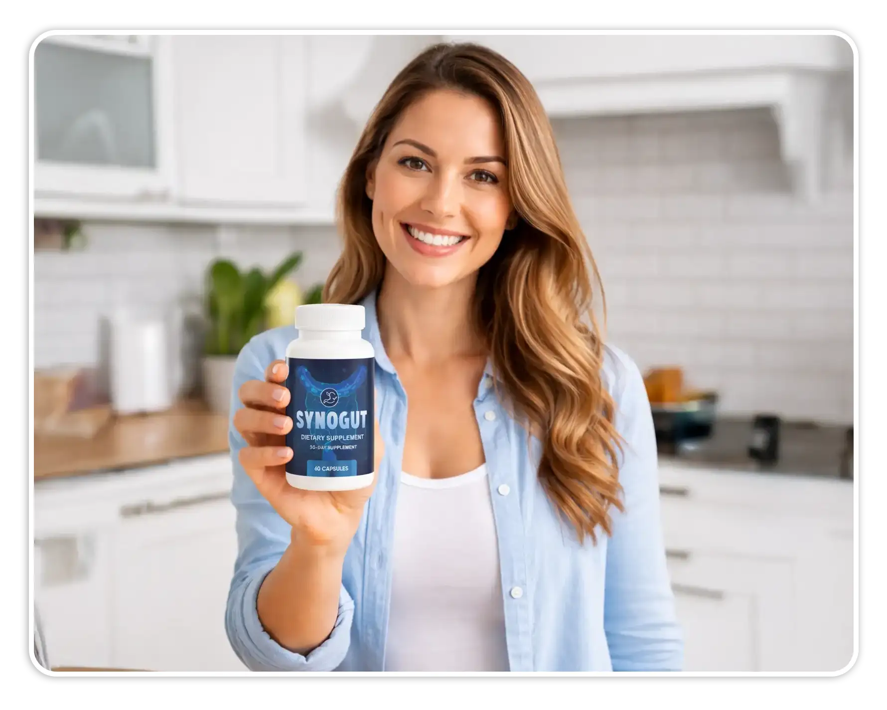 SynoGut lifestyle product image Woman holding a SynoGut dietary supplement bottle